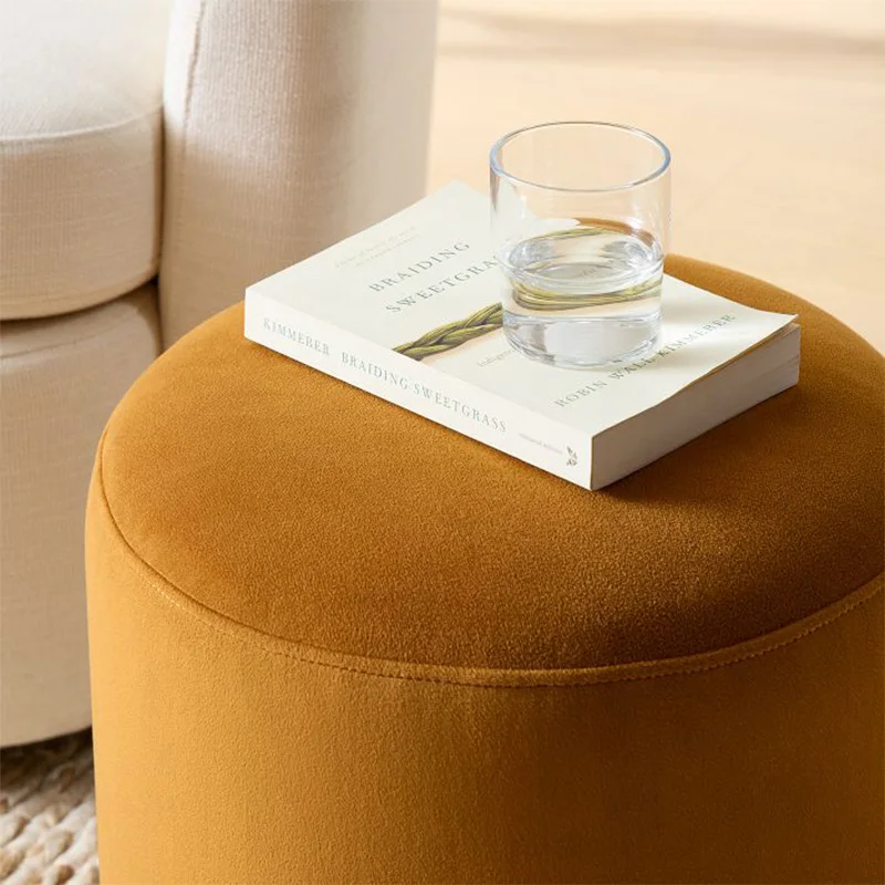 Top Selling Lounge Orange Round Space Saving Home Velvet Large Bench Chair Tufted Ottoman
