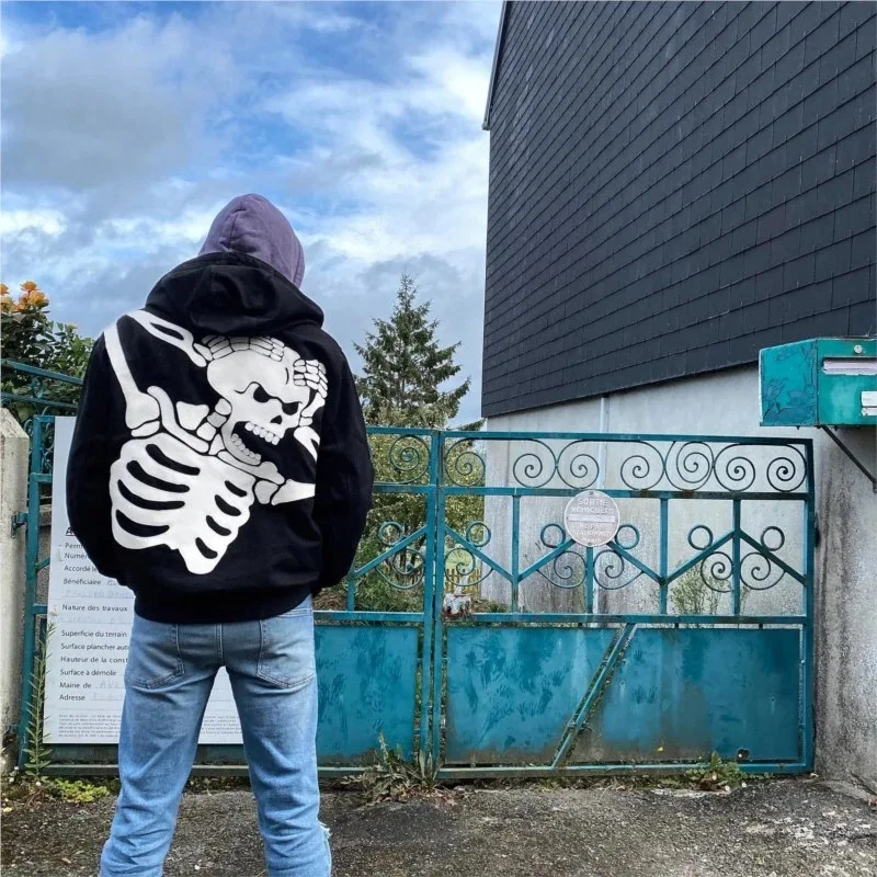 2022 Dark Style Fashion Brand Funny Skull Printed Zipper Couple Sweater Early Autumn Street Casual Loose Jacket