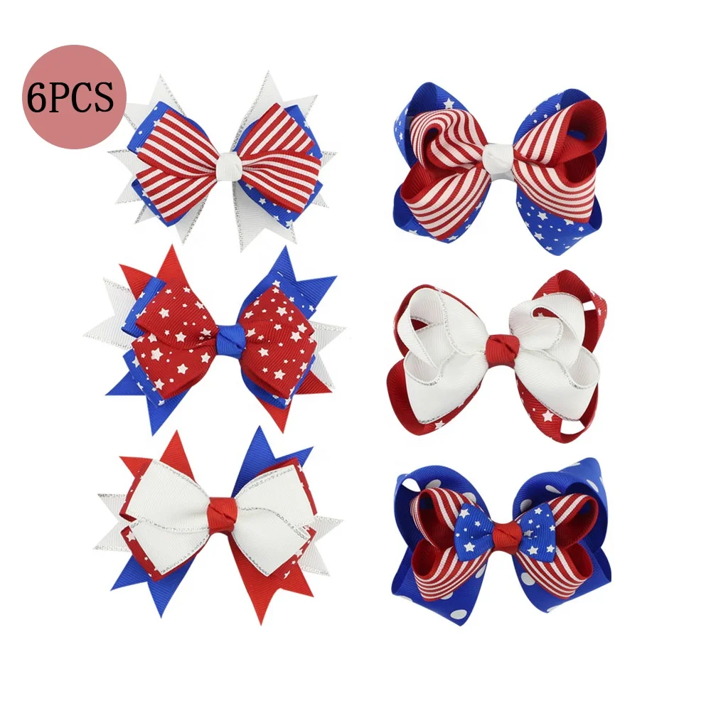 HCArtware 6-pack Independence Day Hair Clips Ribbon Bow Hair Accessories for Girls July 4 hair Bow to girls