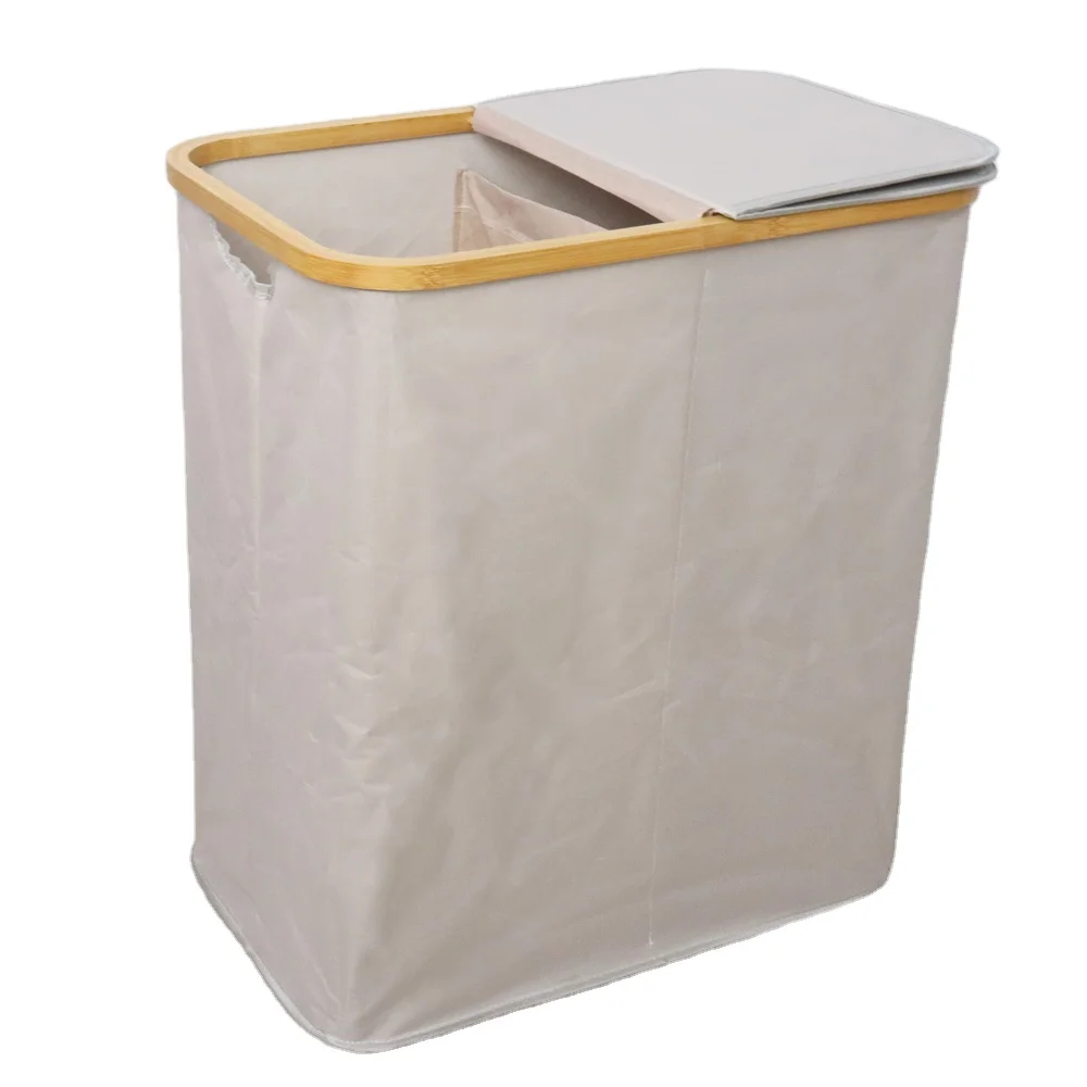 Factory Beige Bamboo Frame 2 Section Foldable Hamper Sorter Laundry Storage Basket with Lid