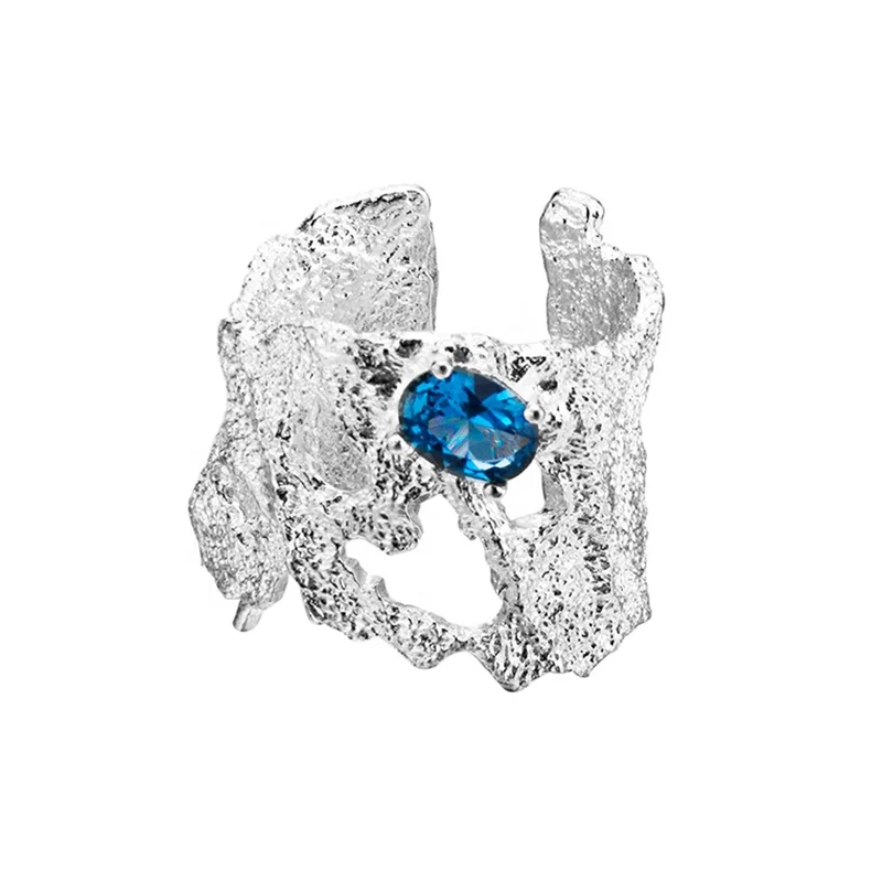 Cold Style Luxury Fashion Jewelry Noble Sapphire Ring Gold Plated Irregular Geometric Hollow Out S925 Silver Ring For Women