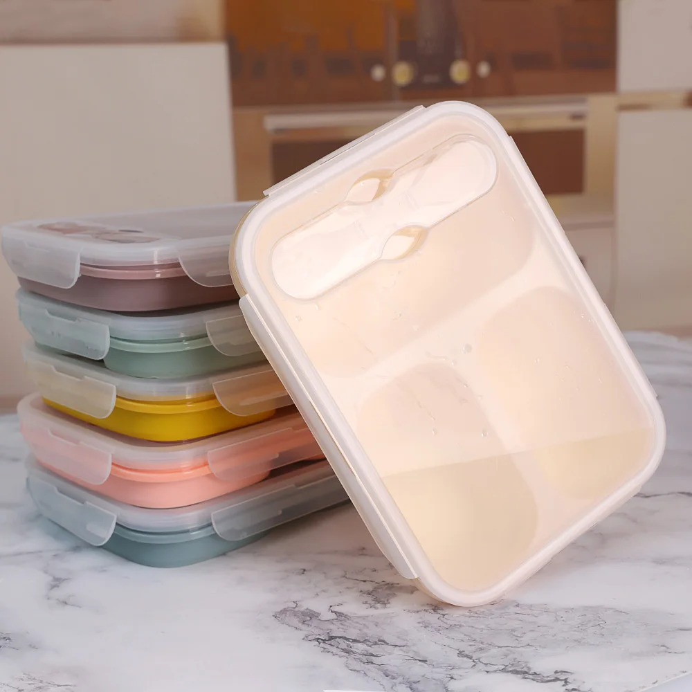 Insulated Portable Lunch Box Microwave Safe 3 Compartment Customized Silicone 1000ml Lunch Box