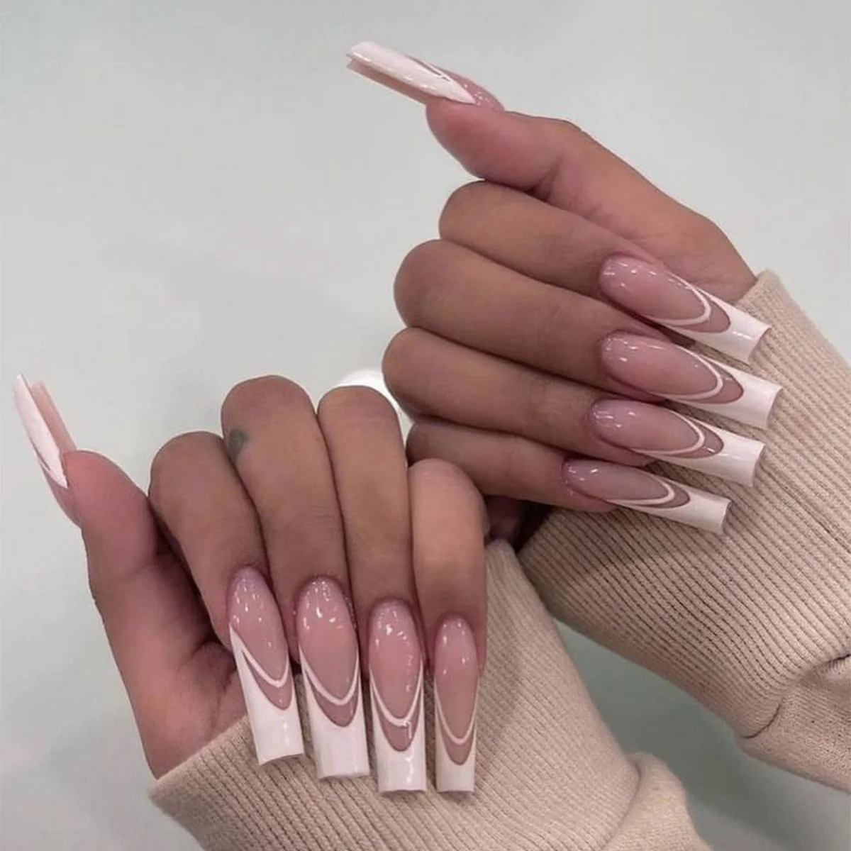 24 Pcs White French Nails Super long Ballerina Pink Waterproof Press on Nails ABS Acrylic Artificial Nails for Women