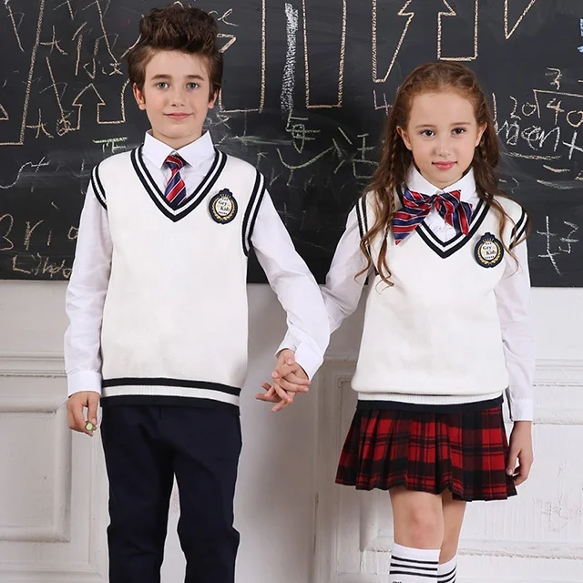 Exquisite Unisex preschool uniforms V-shaped sweater vest checked skirt school uniform fabrics Suit Uniform School Kids Girls