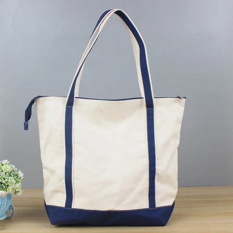 Custom Design Two-Tone Reinforced Handle Canvas Tote Shopper Bags With Zipper And Pockets