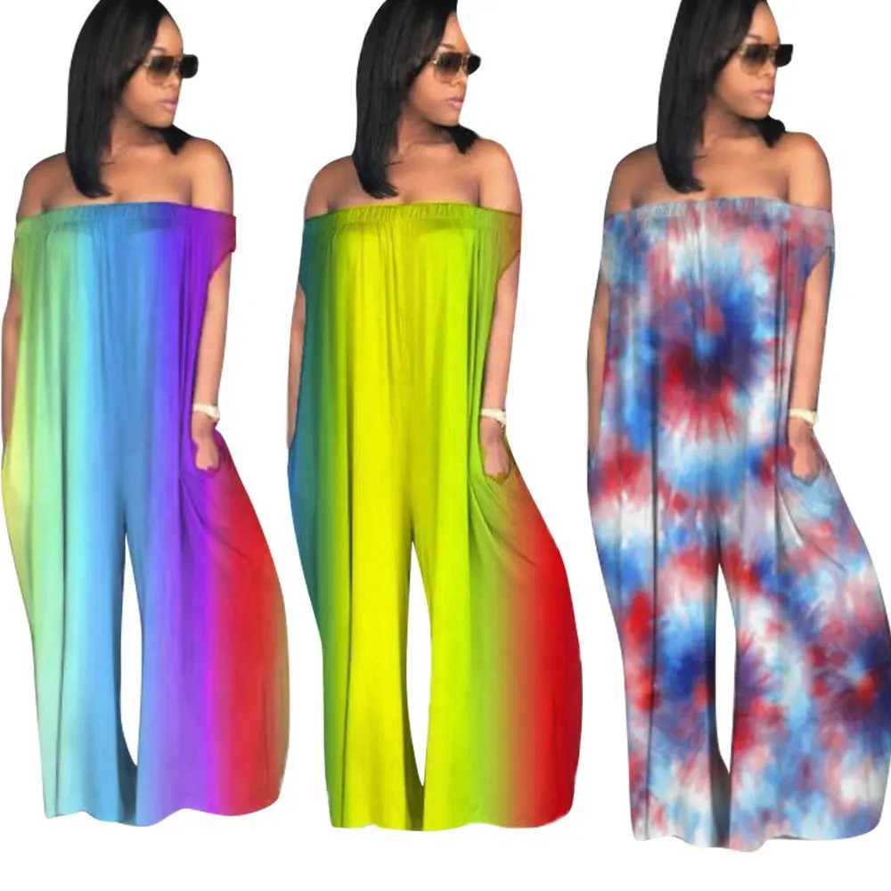 
Factory direct sale loose tube rainbow strip jumpsuit tie dye one pieces 