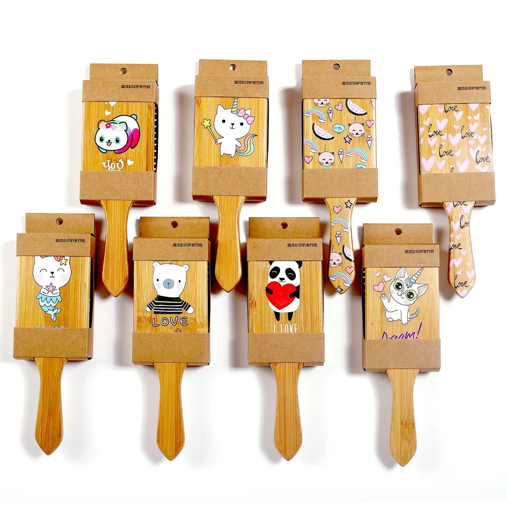 Natural Bamboo Paddle Hair brush with Printing Pattern Detangler Hair Brush for Women
