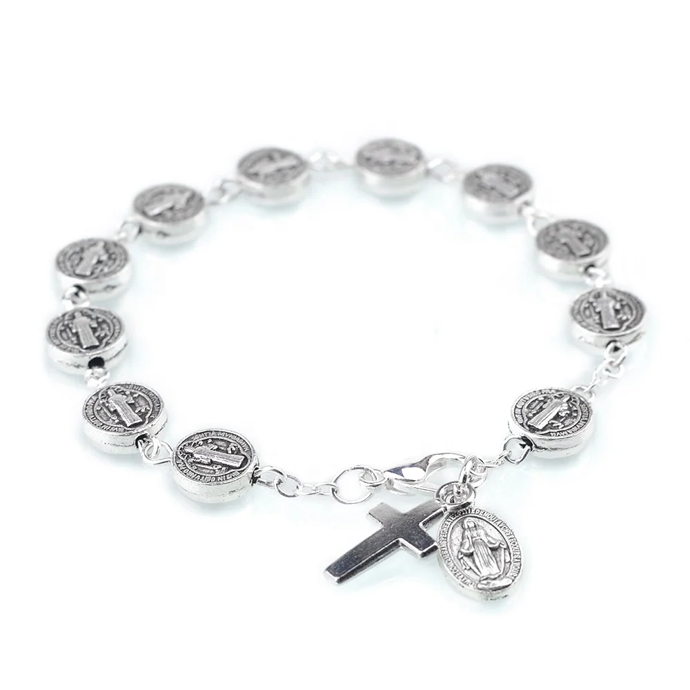 Classic San Benito Rosary Bracelet Religious Silver Alloy Metal Saint Benedict Beads Miraculous Catholic Gift Idea Elegant
