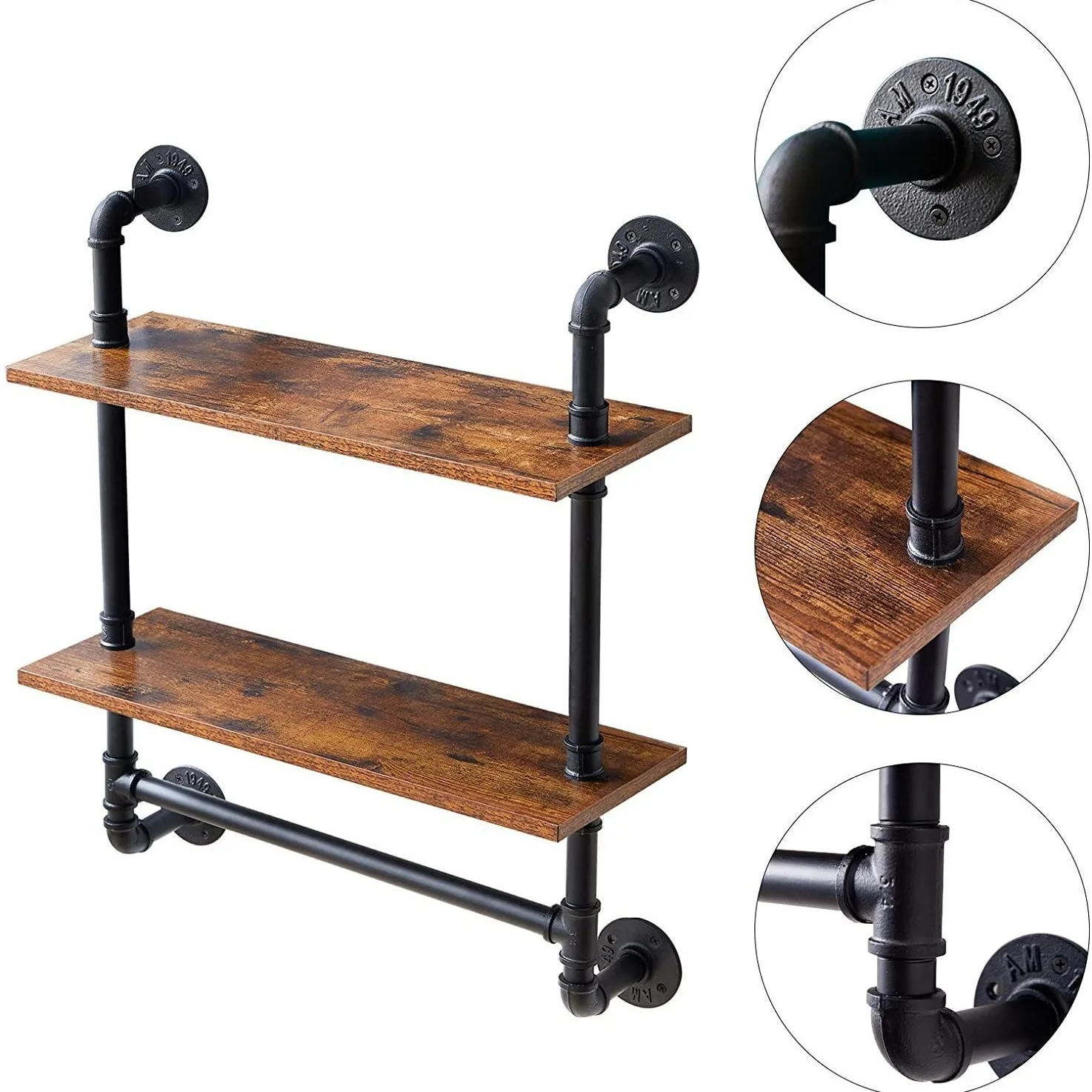 2 Tiers Industrial Matte Black Pipe Floating Shelves with Towel Bar, 24 Inch Farmhouse Vintage Style Shelf for Bathroom