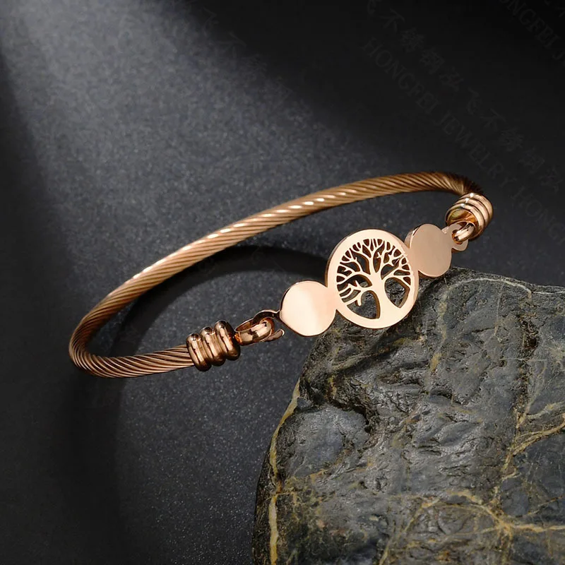 Kingcome Fashion Gold Steel Wire Lucky Tree Bracelet Jewelry Engraved Stainless Steel Hollow Tree Of Life Bangle Bracelet