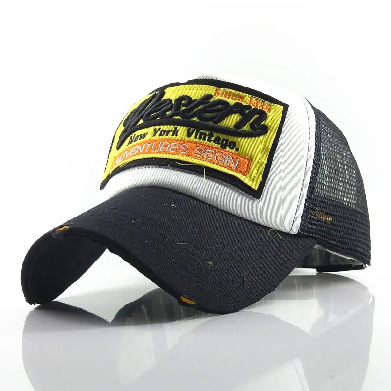 Allch Wholesale Hot Style Western Sports Cap Soft Logo Words Embroidery Washed Mesh Visor Grinded Rim Baseball Cap Hat