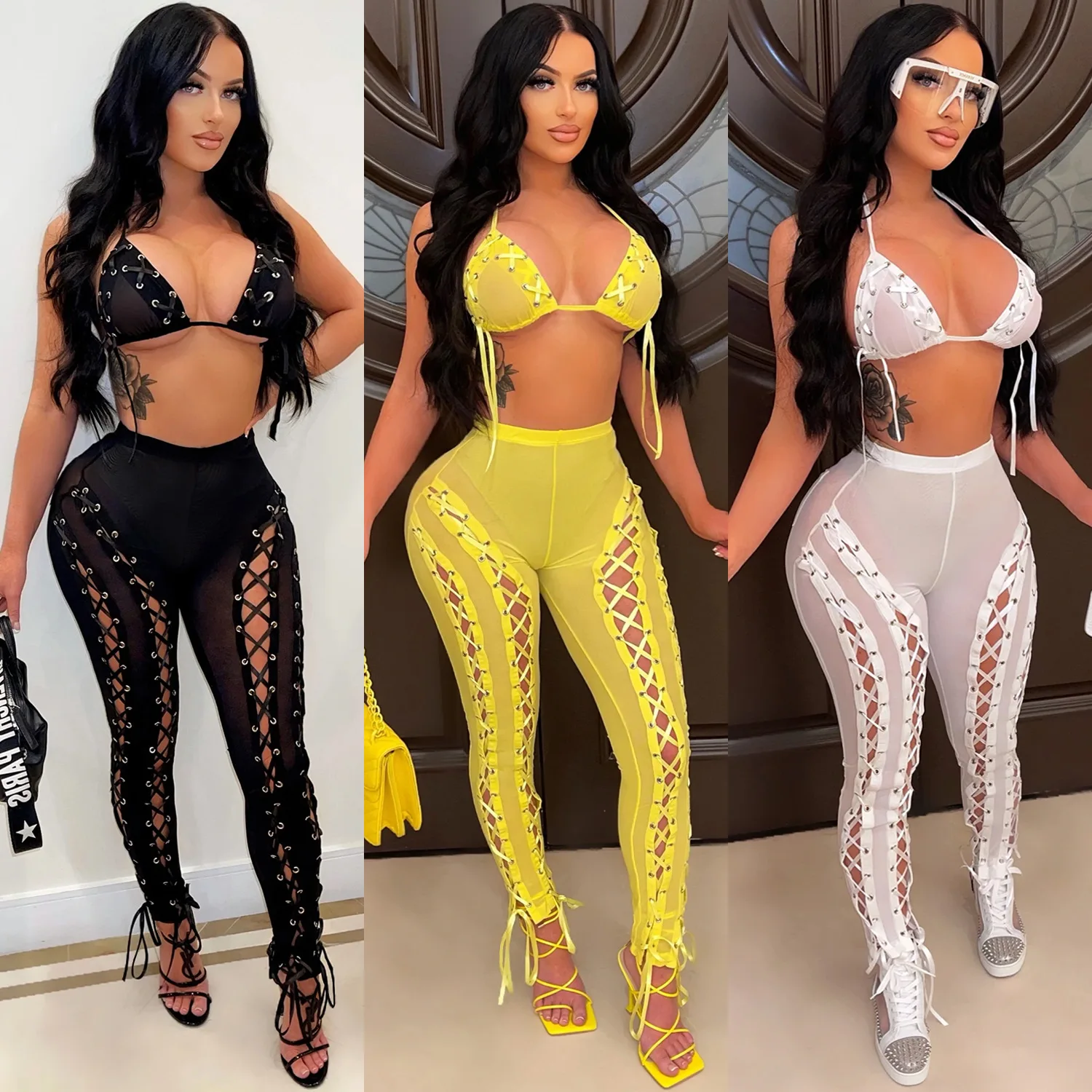 2022 Women Sexy Summer 2 Piece Pant Set Clothing Outfits Jogging Sets Casual Mesh Jumpsuits Two Piece Pant Set Outfits