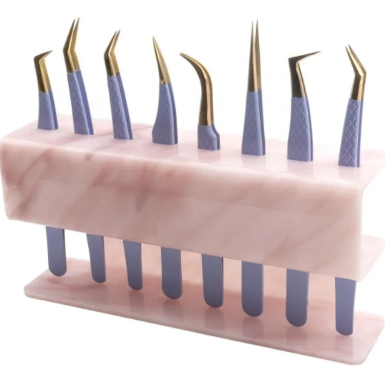 8 Holes Acrylic Pink Tweezers Holder Tweezers Holder Eyelash Extension Supplies Display Stand, 1 Pc (Pink Marble-8 Holes)