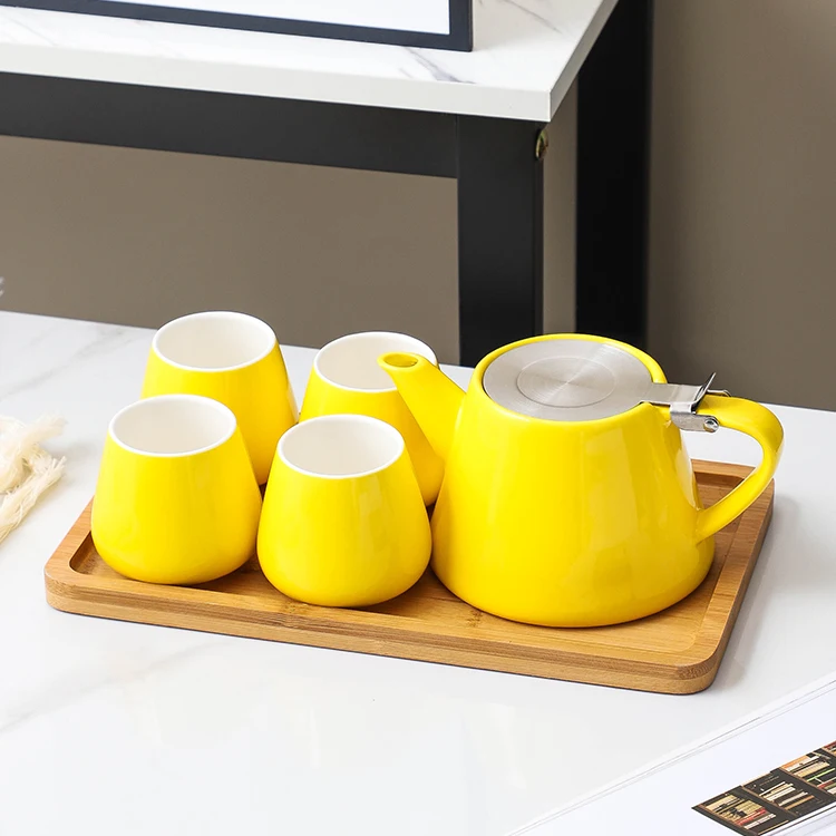 Modern Nordic Style Stainless Lid Tea Pot Coffee Tea Cup Sets Afternoon Porcelain Tea Set With Wooden Tray