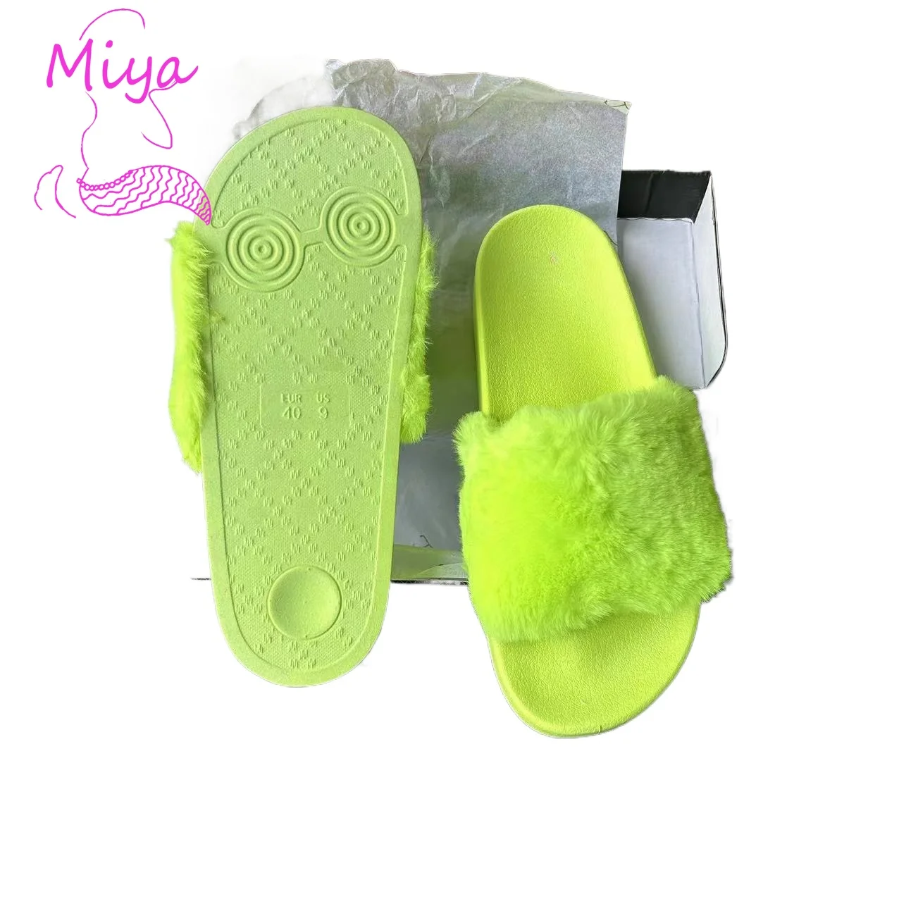 FR-2024 Latest fall winter Furry Slipper for Women Candy Colors Pompom Fur Upper Opern Toe EVA Sole Casual Home Flat Fur Slipper