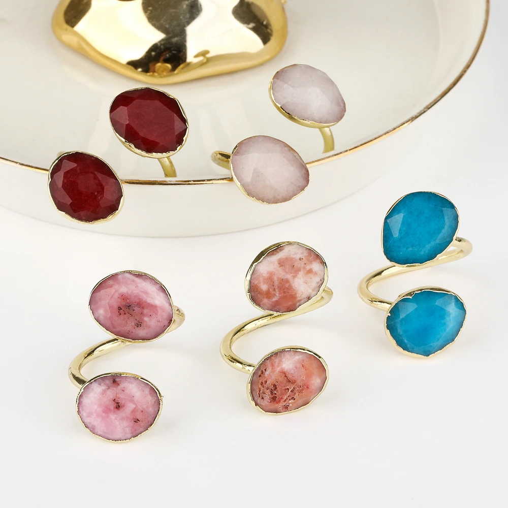 Double Agate Druzy Stone Quartz Crystal Rings Pink Red Blue Adjustable Gold Plated Copper Cuff Rings