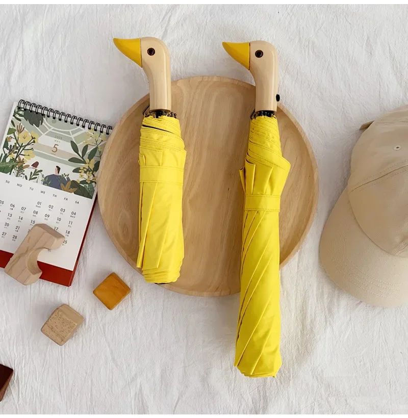 Cute Duck Head Wooden Handle Folding Semi-Automatic Sun Umbrella Windproof Black Coating Uv Protection Lady Umbrella
