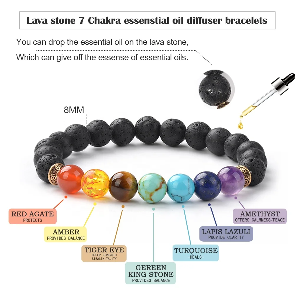 Handmade Yoga inspirational jewelry Natural Lava Stone essential oil diffuser 7 Chakra Bead Bracelet