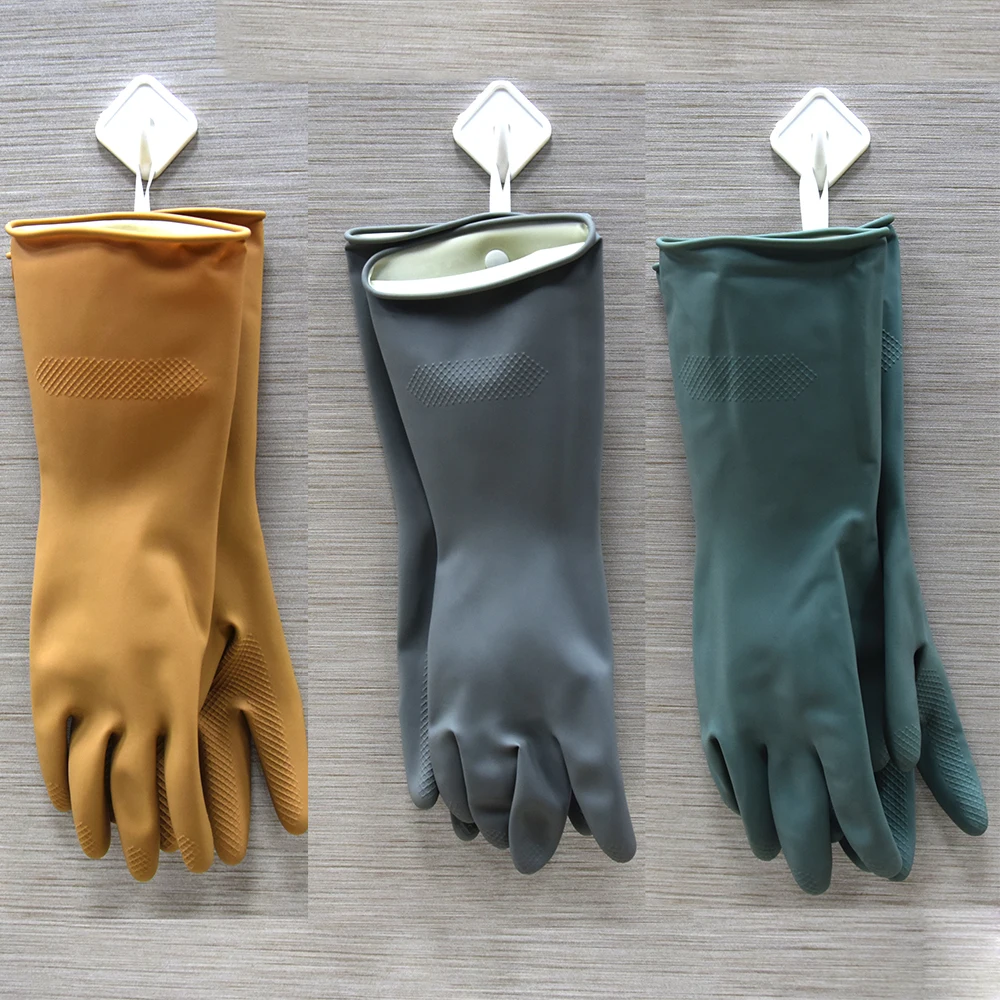 33 cm Household duties housework chores brown grey dark green rubber latex long hanging gloves with hanging ring suspension loop