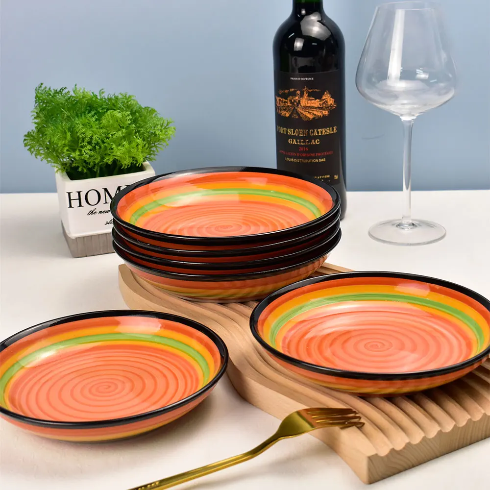 wholesale colored colorful round Shape custom printed stoneware ceramic printing plate for home and hotel