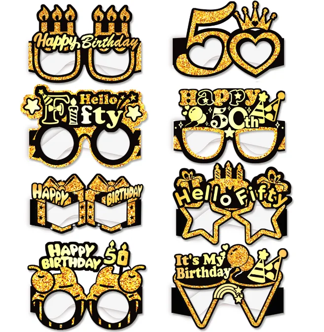 8pcs/set New Design 30-60 Years Old Happy Birthday Funny Glasses Black Gold Birthday Glasses Photo Props Party Decoration