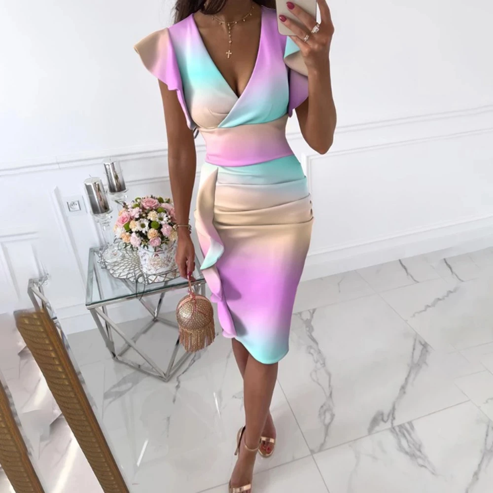 Sexy V-Neck Slim Office Lady Dress Ruffle Short Sleeve Bodycon Knee-length Dresses For Women 2024 Casual Summer Woman Work Dress