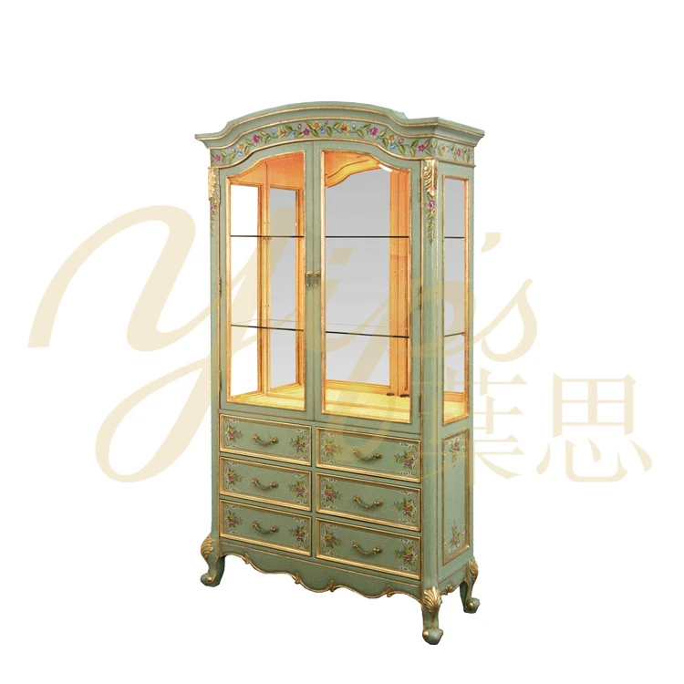 Роскошный Витринный Шкаф Yips LD-2004-1876 Lushgreen серии из прочной древесины с ручной росписью и цветочным узором для столовой
