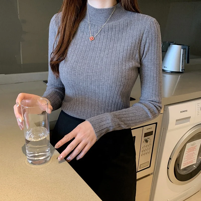 Wholesale Spring Winter Half High Neck Long Sleeve White Black Solid Color Rib Woman Ladies Knit Top Female Sweaters