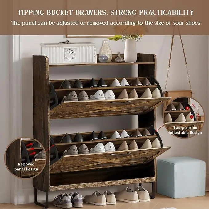 Shoe Storage Cabinet with 2 Flip Drawers Shoe Cabinet with Metal Legs for Entryway Rustic Brown