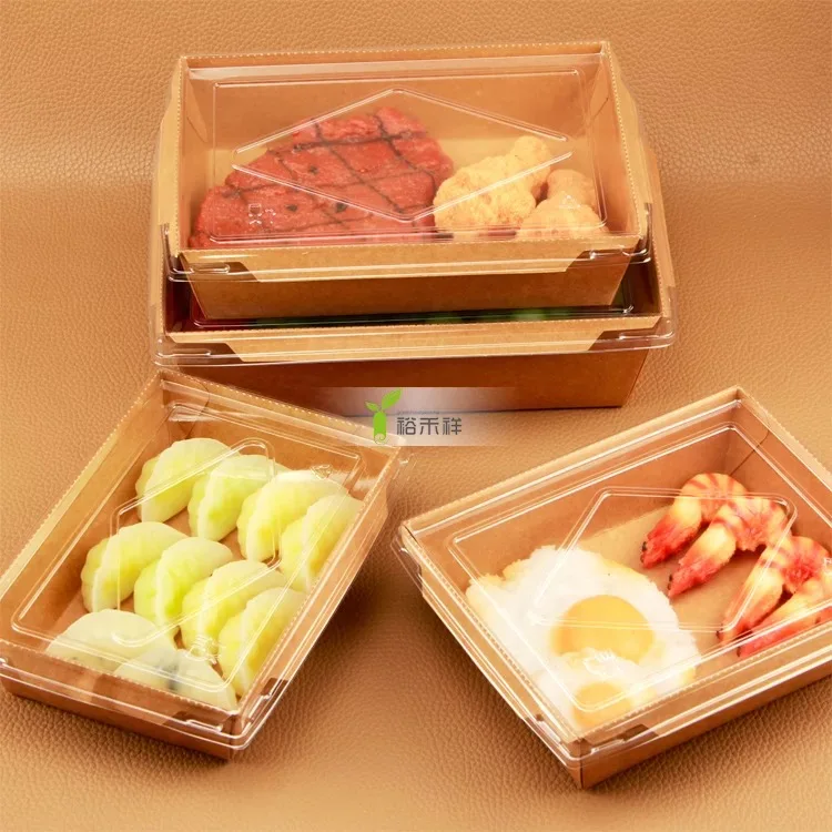 Embossed Brown Kraft Paper Disposable Fast Food Tray Box with Lid for Noodles Sushi for Restaurant Use Packaging Bread Cookies