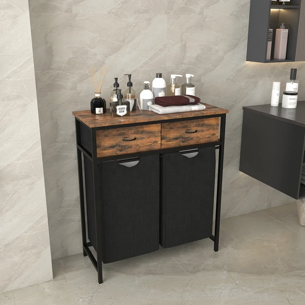 Large capacity 3 compartments rustic dirty clothes storage wood laundry hamper basket with drawer