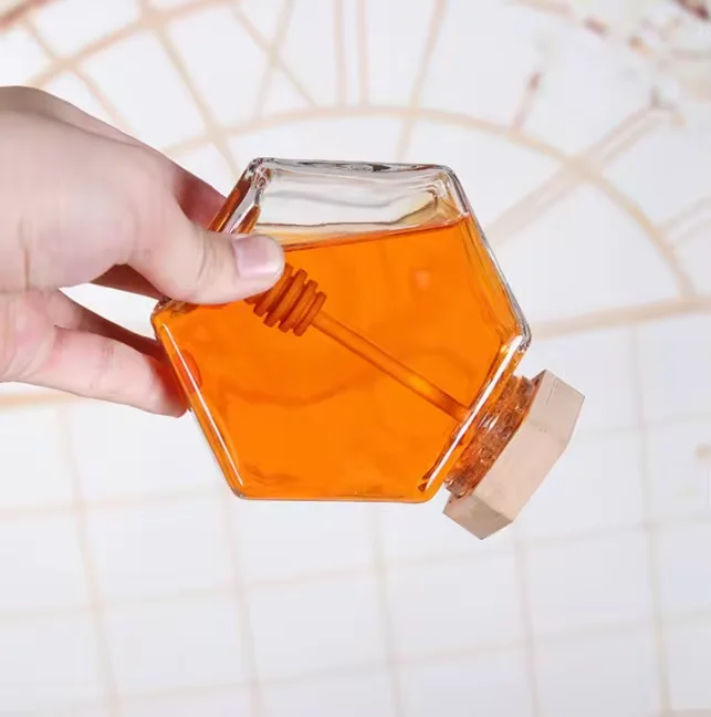 Hot Sale Transparent 100ml 220ml Hexagon Honey Glass Jar 380ml Glass Jars for Honey Storage Food Packaging With Wooden Lid