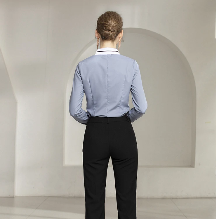 High Quality Low Factory Price Turn-down Collar Grey White Woman Formal Business Lady Office Blouse