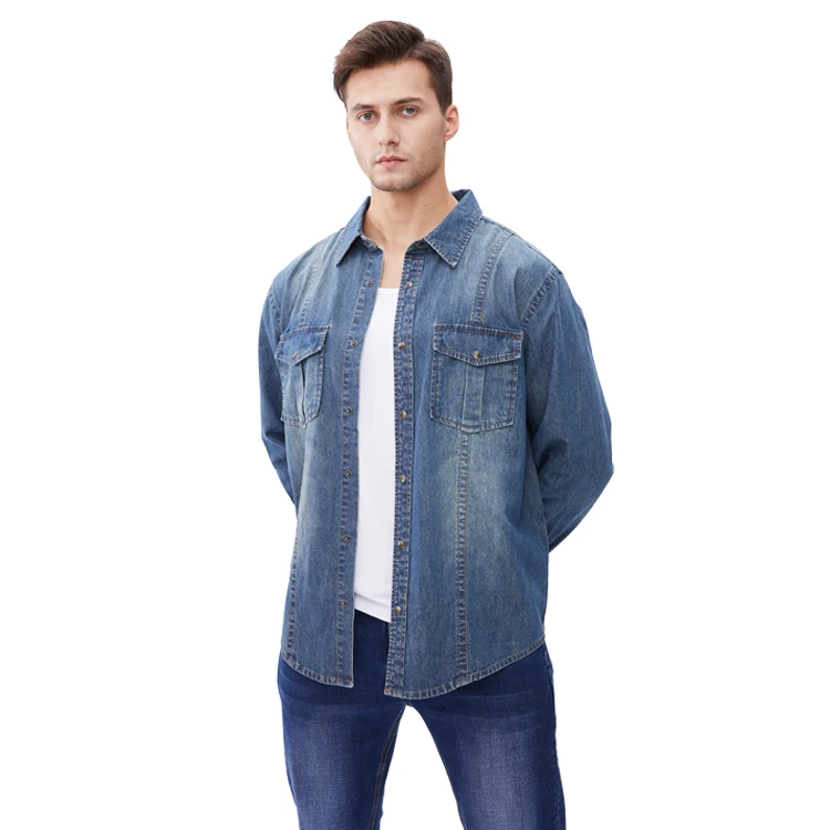 Custom american clothing mens western jeans shirts denim retro shirt long sleeve