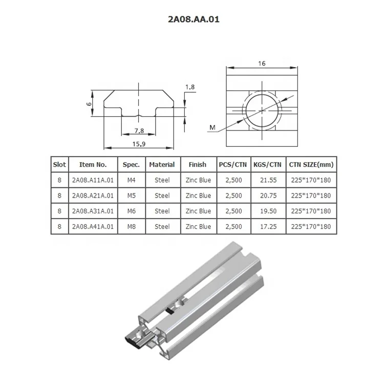 Nut 2A08.AA.01 High quality Zinc plated steel T slot nut for aluminum profile slot 8 slide hammer nut