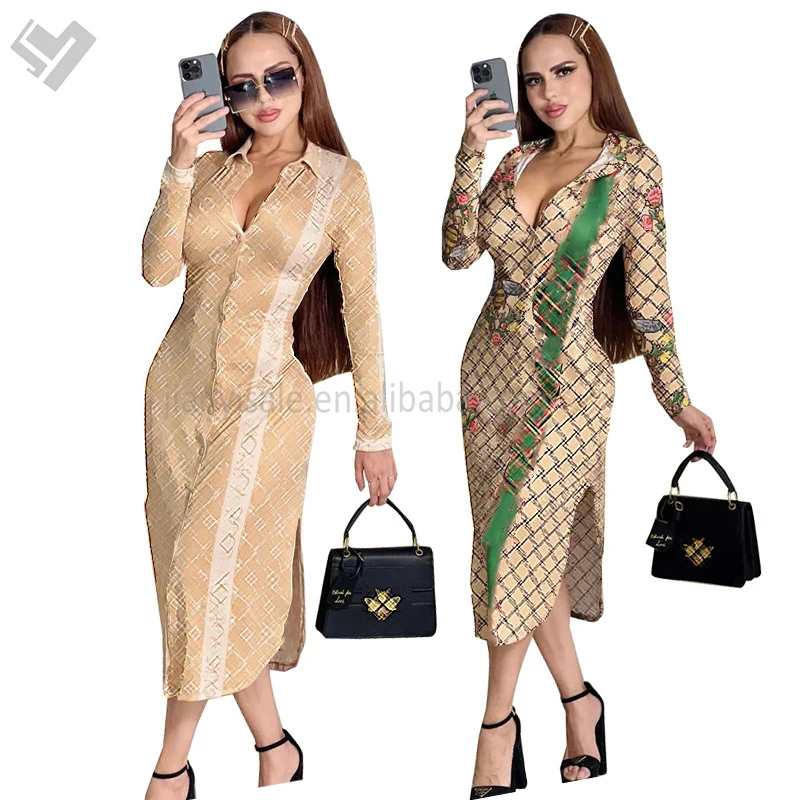 2023 New Arrival Autumn Women Designer Print Long Sleeve Blouse Shirt Dress Brand Luxury Button Down Elegant Maxi Fall Dress