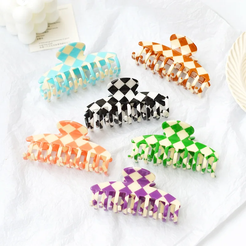 GIRLIZE 5/7.5/8.5/9.5/10.5cm Korean Large Colorful Geometric Checkered Hair Claw Small PVC Plastic Acrylic Claw Clip For Women