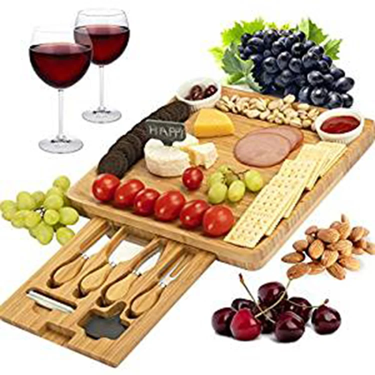 Top Quality Charcuterie Platter Serving Tray Unique Bamboo Cheese Board Set With Cutlery Knife For Wine Cracker Brie And