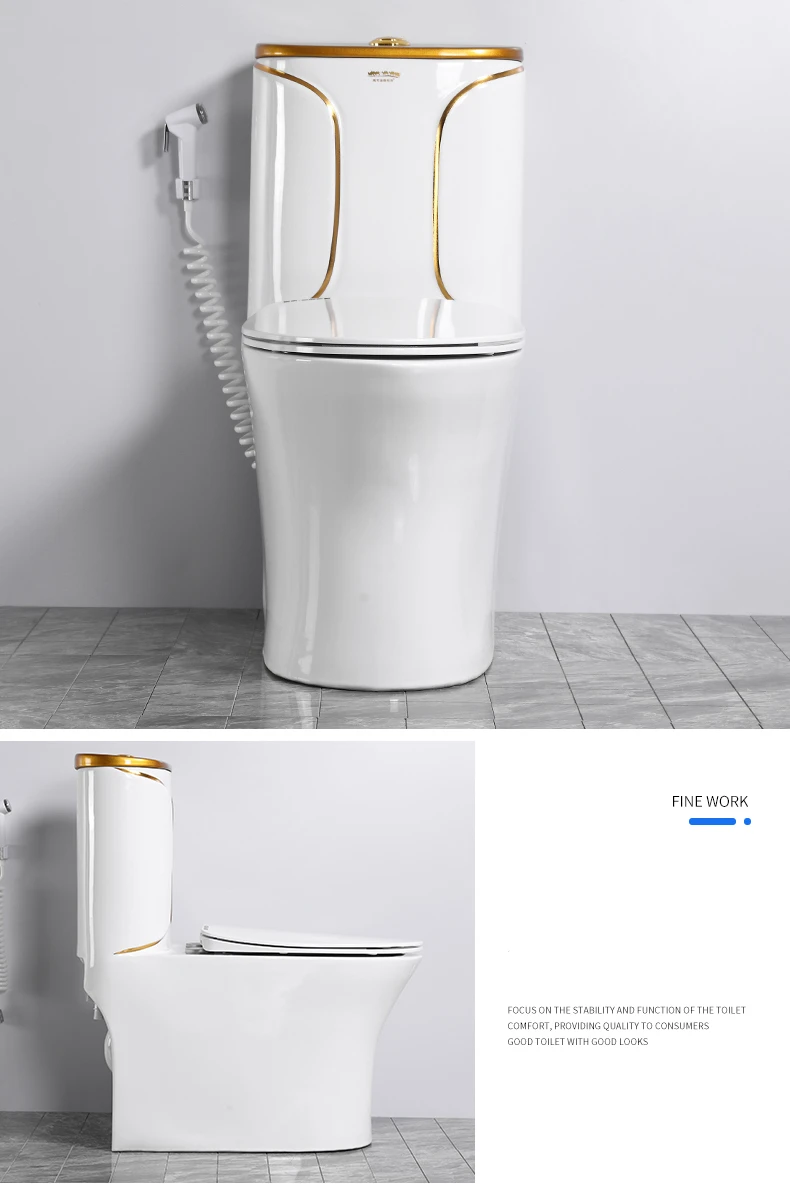 New design Southeast Asia best sell siphon 300mm dual flush bathroom ceramic one piece golden toilet