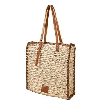 2024 fashion women beige crochet straw tote shoulder bag with leather handle