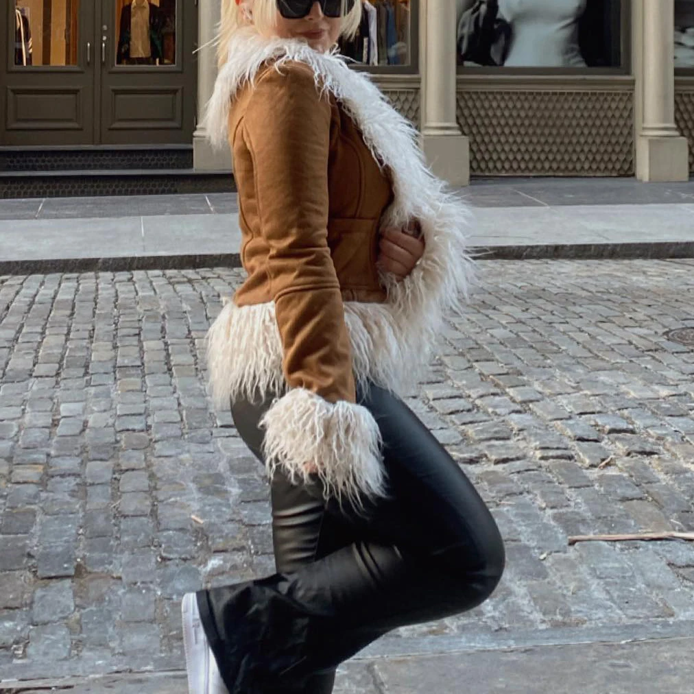 2023 Spring Vintage Custom Y2k Girls Cropped Faux Fur Trim Cardigan Coats Jacket Women