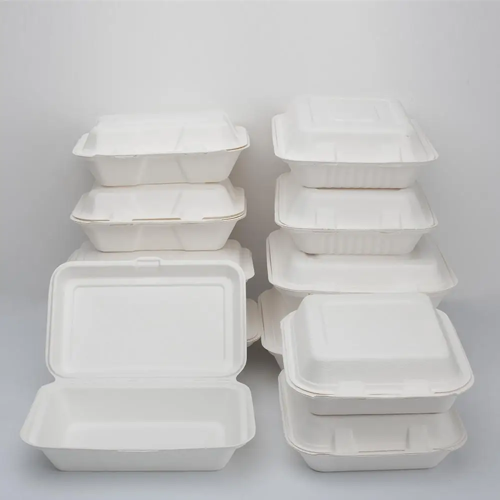 Wholesale 2 Compartment Biodegradable Food Packaging 1000ml Sugarcane Bagasse Clamshell Lunch Box