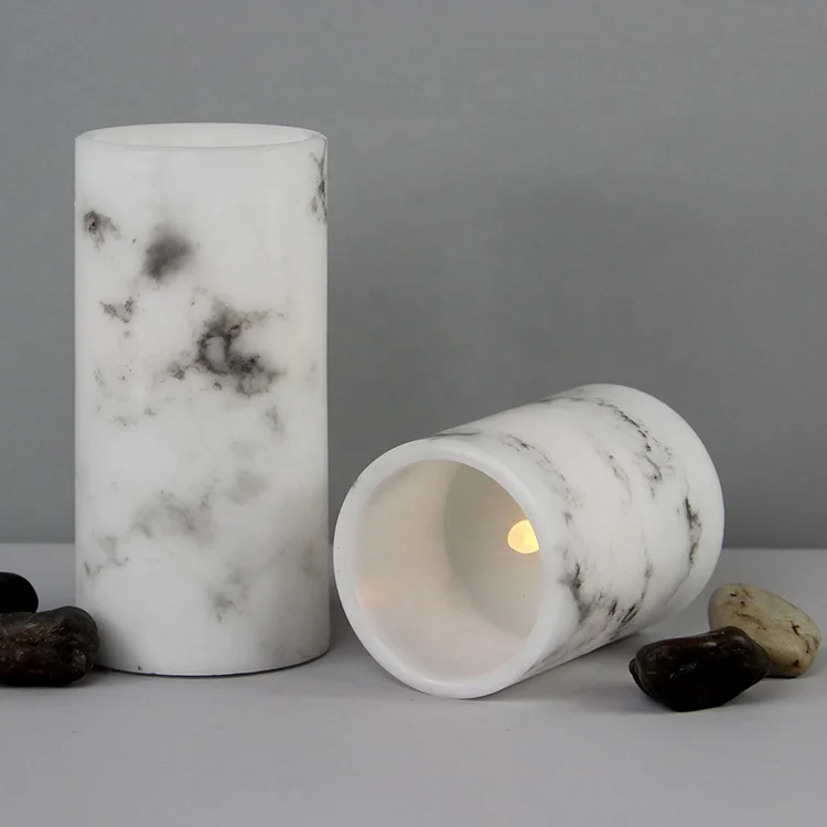 Christmas wax white electric battery operated pillar marble flameless LED candle for wedding decoration