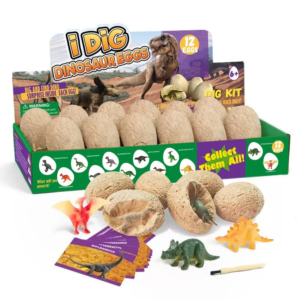 Children Easter Gift 12 Pack Dino Egg Dig Kit Dinosaur Eggs Toy Excavation Science Experiments Kits for Kids