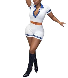 Hot Sale Ribbed Button Splice Polo Collar Short Sleeve Crop Tops And Slim Shorts Women Summer Casual Two Piece Sets