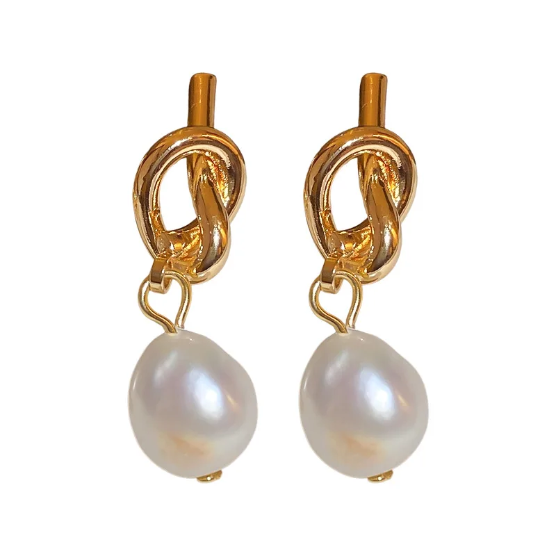 Women Earring 2023 Wholesale Baroque Freshwater Pearl Knot Drop Earrings For Women Classic Fine Jewelry Minimalist Accessories