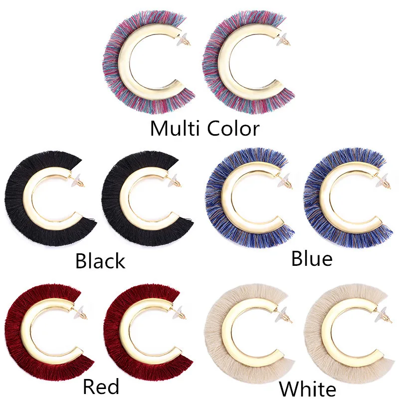 Brand Silk Thread Tassel Earrings Bohemian Alloy Stud Earrings For Women Statement Fringe Earrings Geometric Jewelry