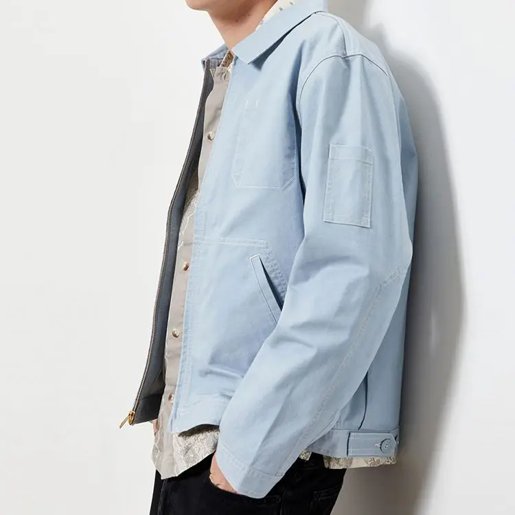 Men canvas jackets light blue men work jackets two welt pockets on the front