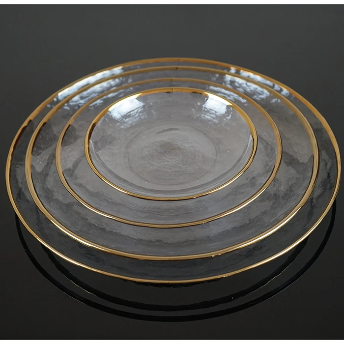 Wholesale Wedding Decoration Hammered Gold Rim Glass Charges Plates
