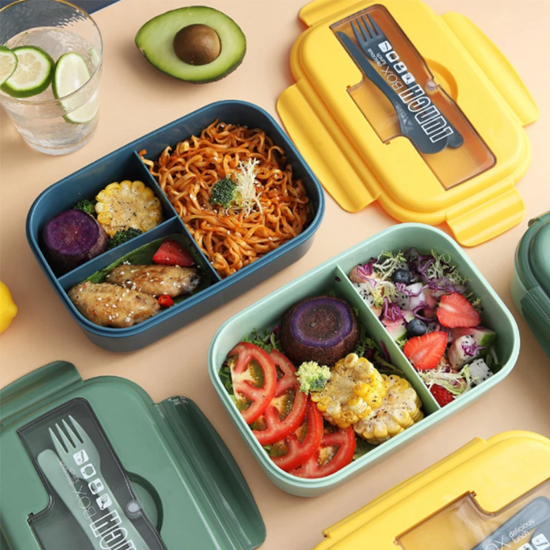 Детский Пластиковый Прямоугольный Ланч-бокс bento с 2 отделениями и столовыми приборами